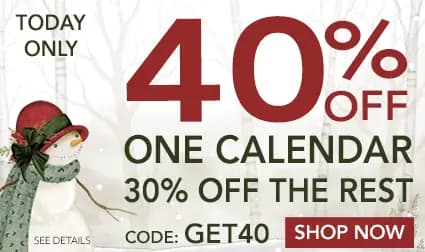 Promo banner offering 40% off one calendar, 30 % off the rest with code GET40.