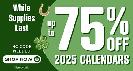 Up to 75% Off 2025 Calendars. No Code Needed. Shop now button included.