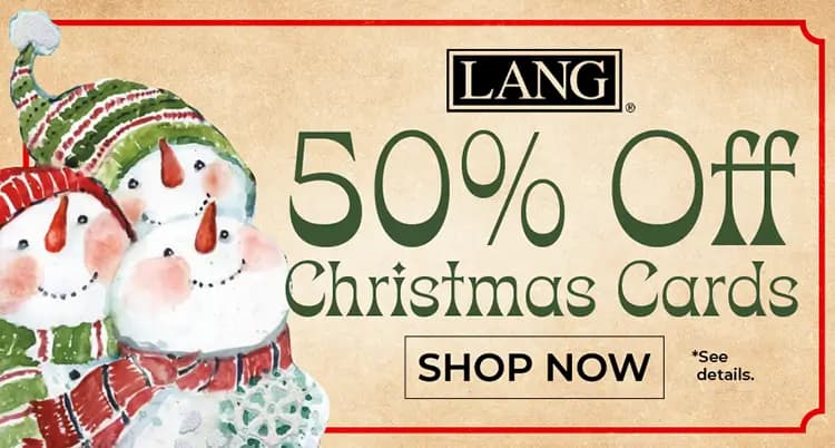 Promo banner offering 50% off Christmas Cards, no code needed