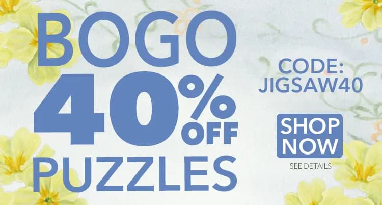 Promo banner offering a buy one get one 40% off jigsaw puzzles deal with code: JIGSAW40