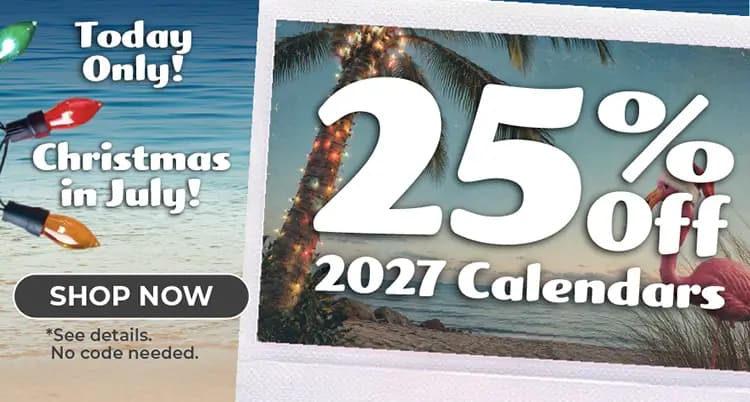 Promo banner offering 25% off 2027 Calendars, no code needed