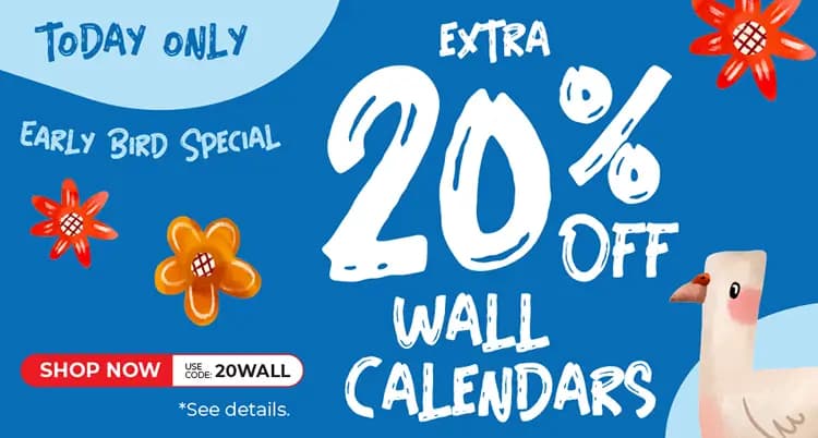 Promo banner offering 20% off Wall Calendars with code: 20WALL