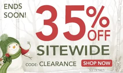 Holiday banner offering 35% off sitewide with code CLEARANCE.
