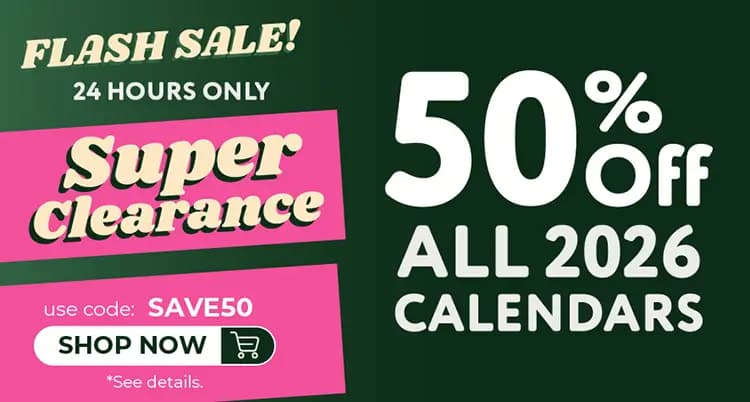 Promo banner offering 50% off 2026 calendars, with code SAVE50.