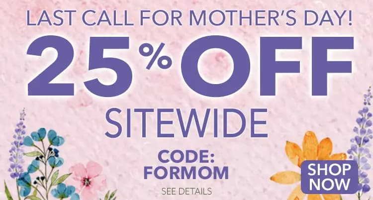 Promo banner offering 25% off sitewide, use code FORMOM.