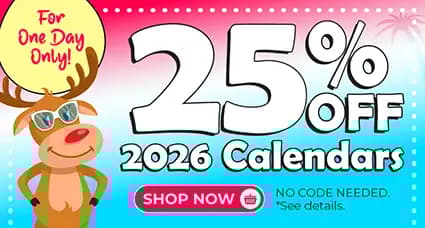 One-day Christmas in July sale — 25% off 2026 calendars with no code needed, featuring a cartoon reindeer in sunglasses and tropical palm trees.