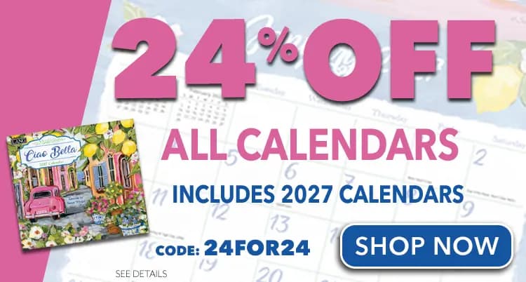 Promo banner offering extra 24% off all calendars for 24 hours including 2027 calendars with code: 24FOR24