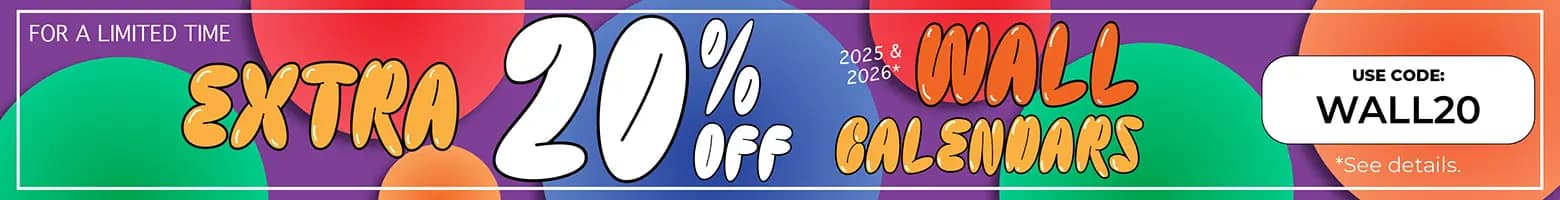 Colorful promotional banner offering extra 20% off 2025 and 2026 wall calendars with code WALL20 — limited time offer for online calendar shopping.