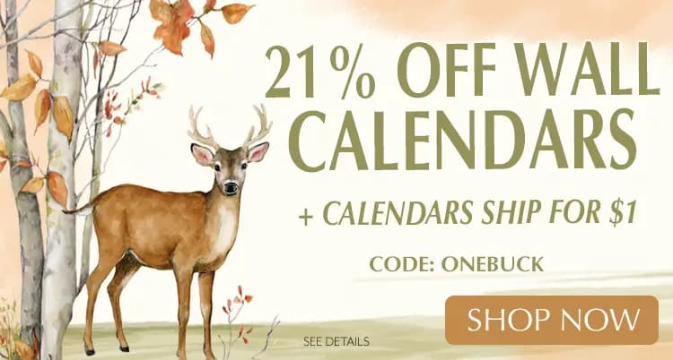 Promo banner offering 21% off wall calendars and calendars ship free for 1 dollar with code ONEBUCK