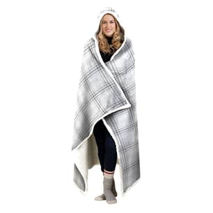 Thumbnail of the Reversible Printed Sherpa Hooded Throw Grey Plaid