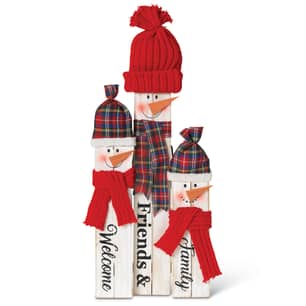 Thumbnail of the Wood Snowman Family w/ Fabric Hats & Scarves