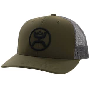 Thumbnail of the Olive Grey 6 Panel Trucker Cap With Black Hooey Circle Logo