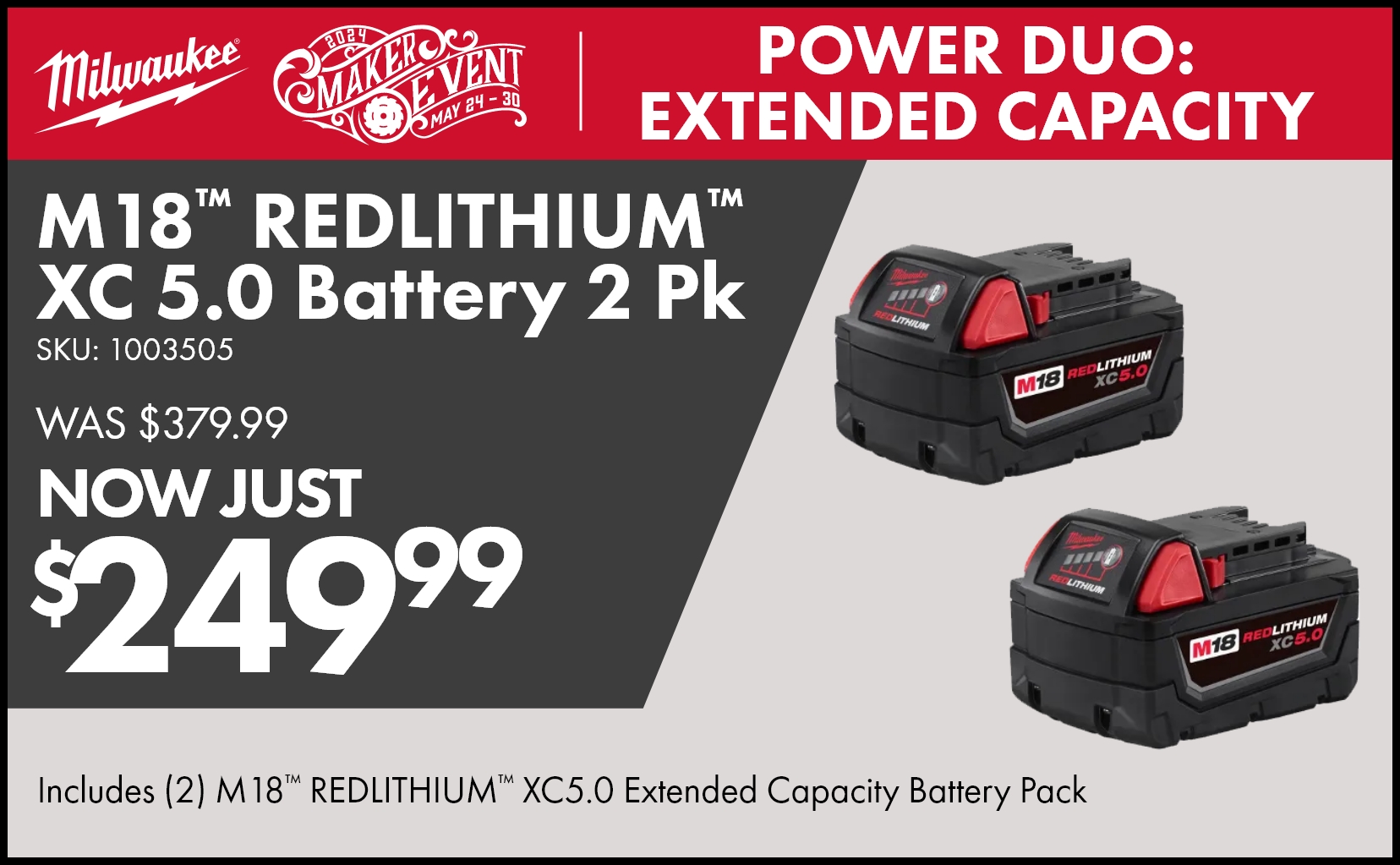 Shop the Milwaukee® M18™ REDLITHIUM™ 18 Volt Lithium-Ion XC5.0 Amp Extended Capacity Battery Two Pack