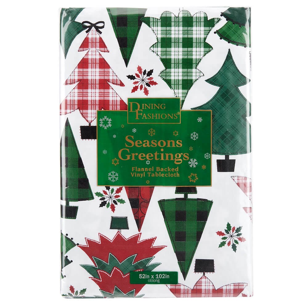 Seasonal Greetings Holiday Vinyl Tablecloth with Flannel Backing