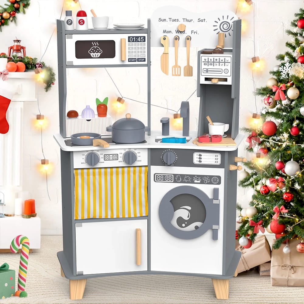 Large Wooden Kids Play Kitchen, Gray