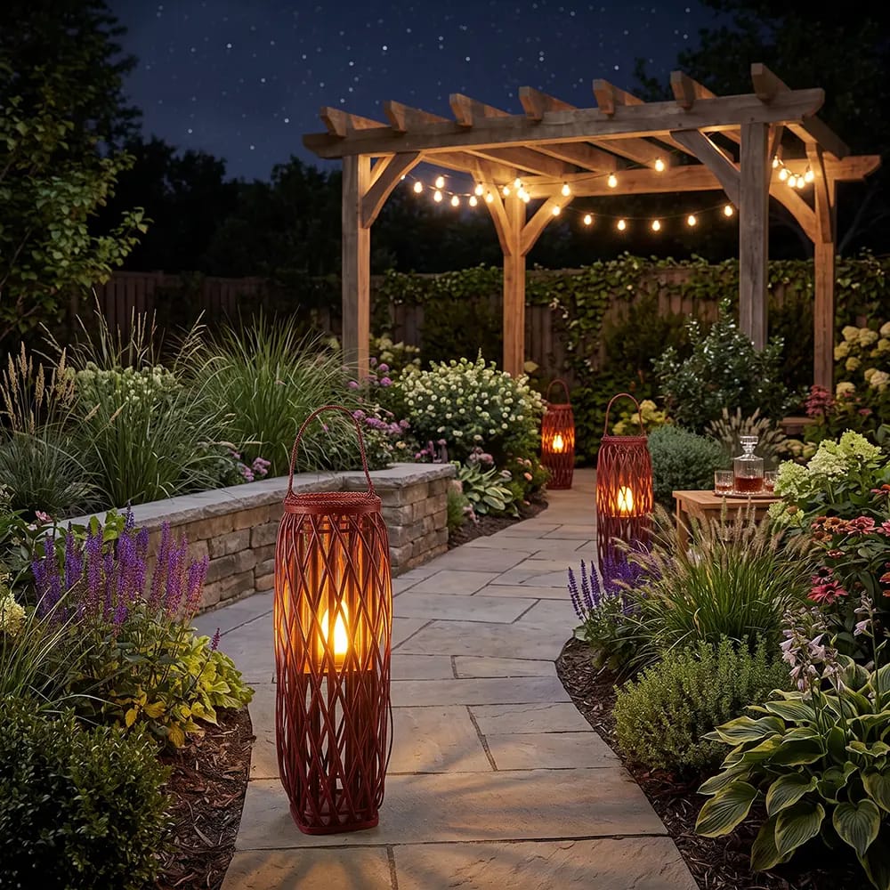Barbara King Square Wicker Lantern With Remote, Brick, 28"