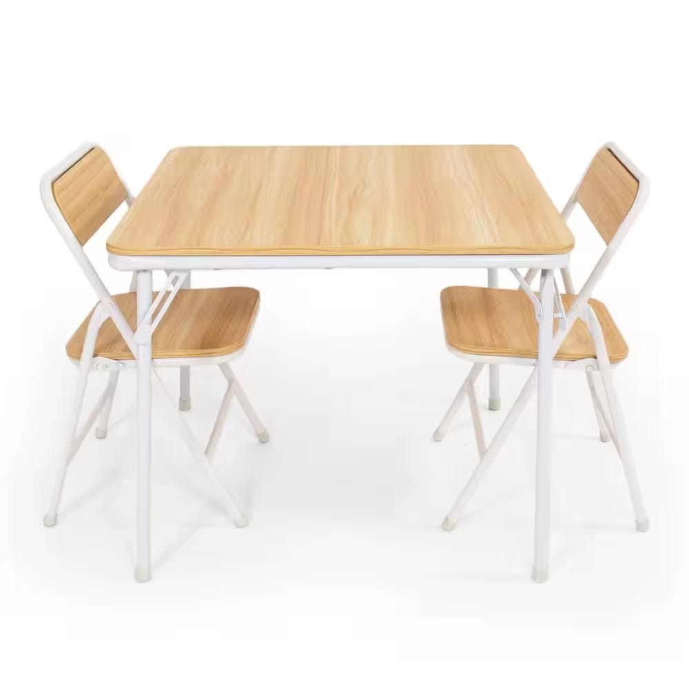 Humble Crew Kids Metal Folding Table and 2 Chairs Set, Natural Wood/White