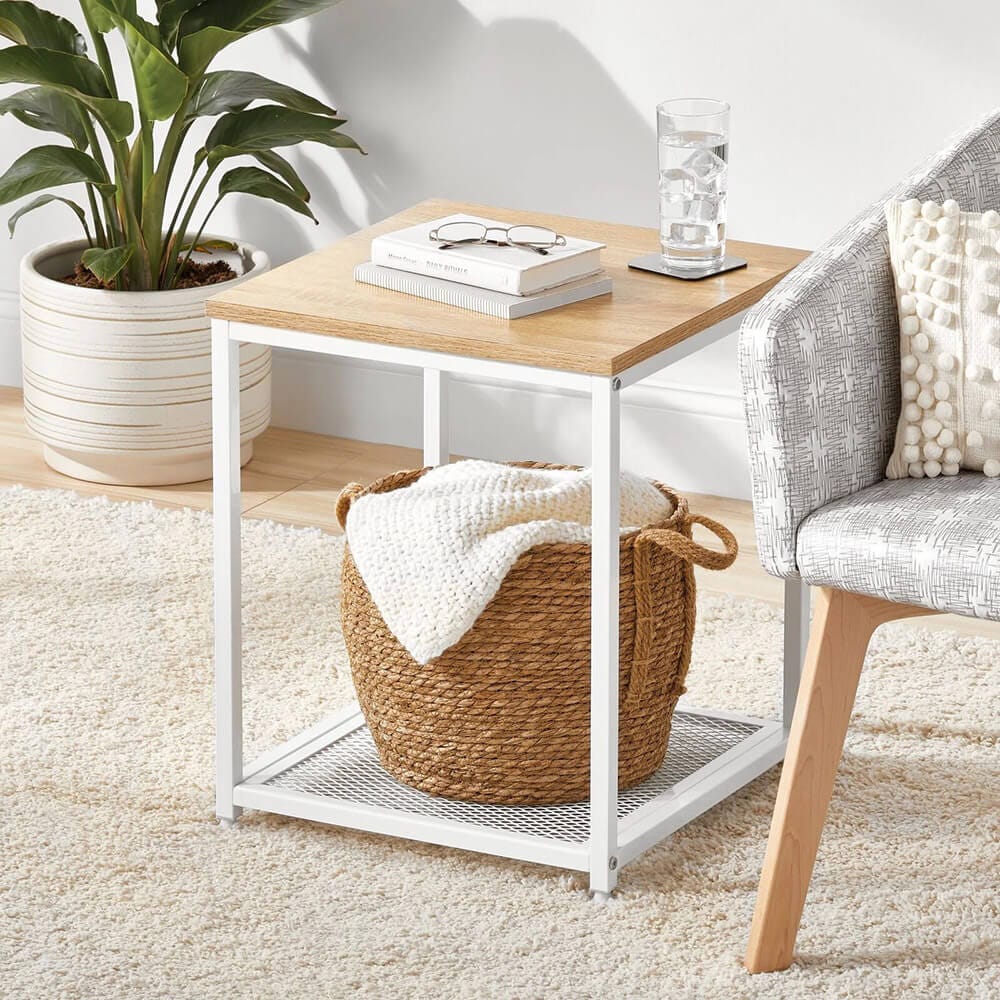 mDesign Metal Square Side Table with Steel Shelf, White/Modern Oak