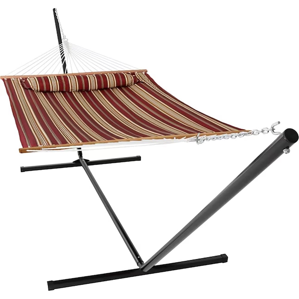 Sunnydaze 2-Person Outdoor Fabric Hammock with Stand, Red Stripe