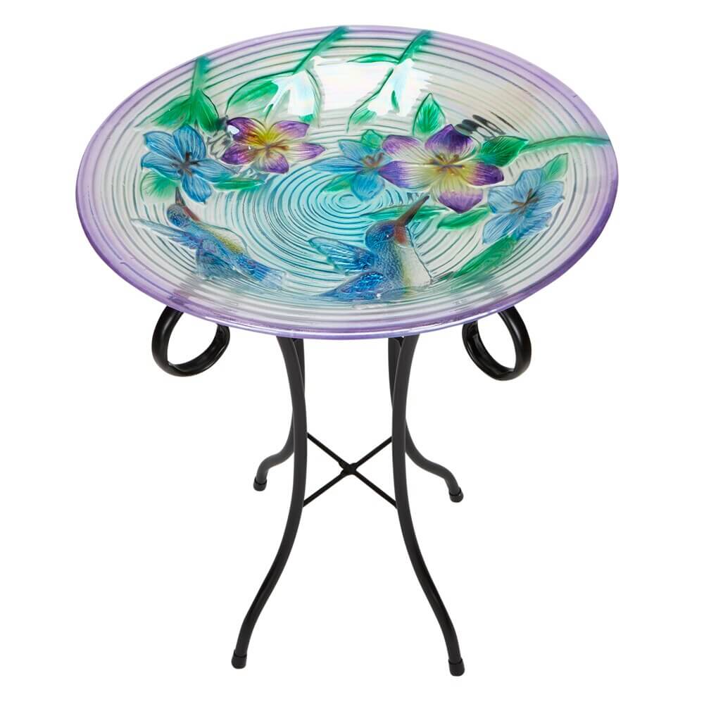 Hummingbird Glass Bird Bath with Metal Stand, 18"