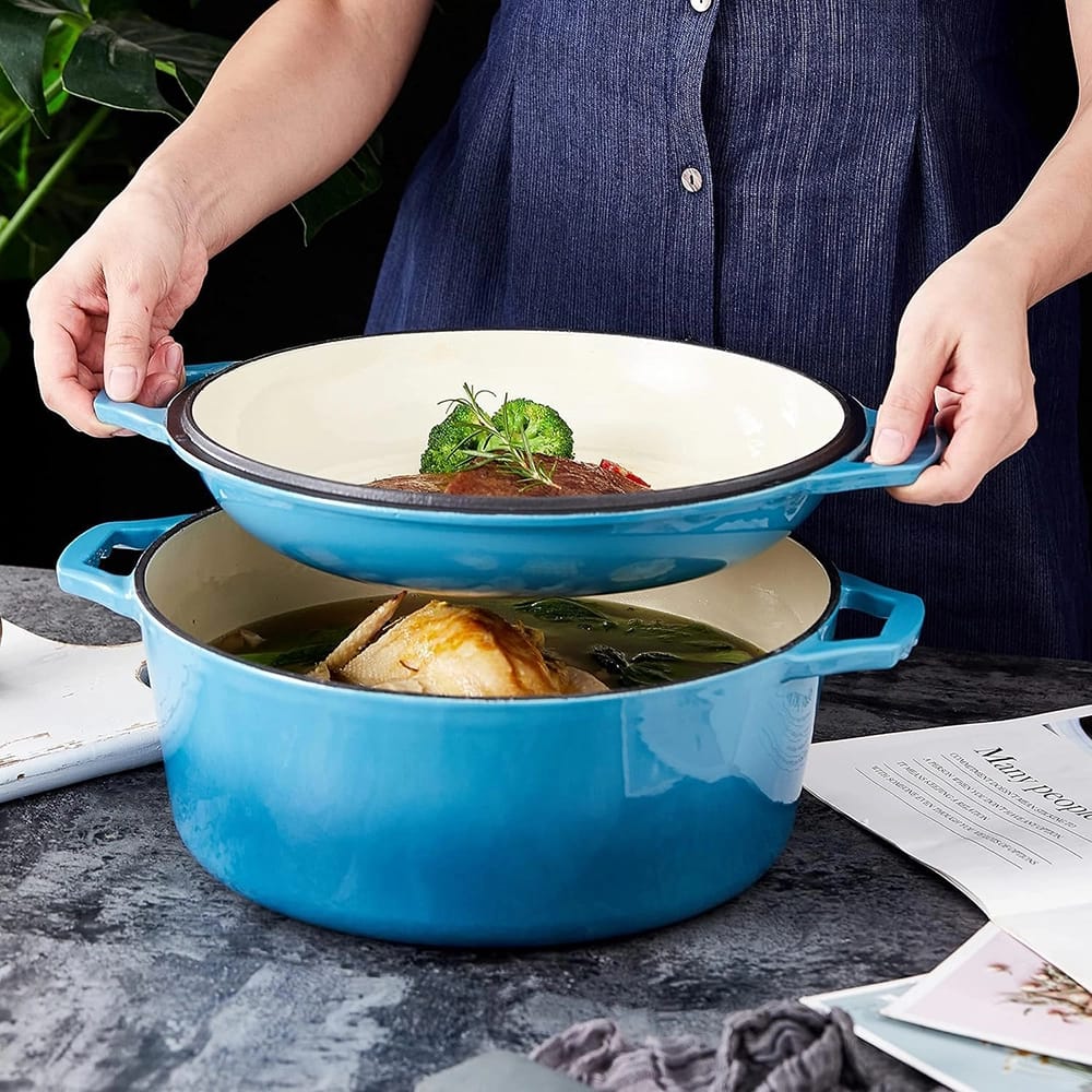 Bruntmor 7 Quart 2-in-1 Enamel Cast Iron Dutch Oven With Handles, Blue