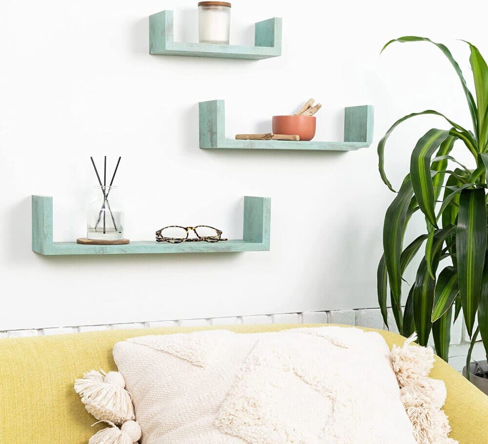 Greenco Floating "U" Wall-Mounted Shelves, Set of 3, Rustic Turquoise