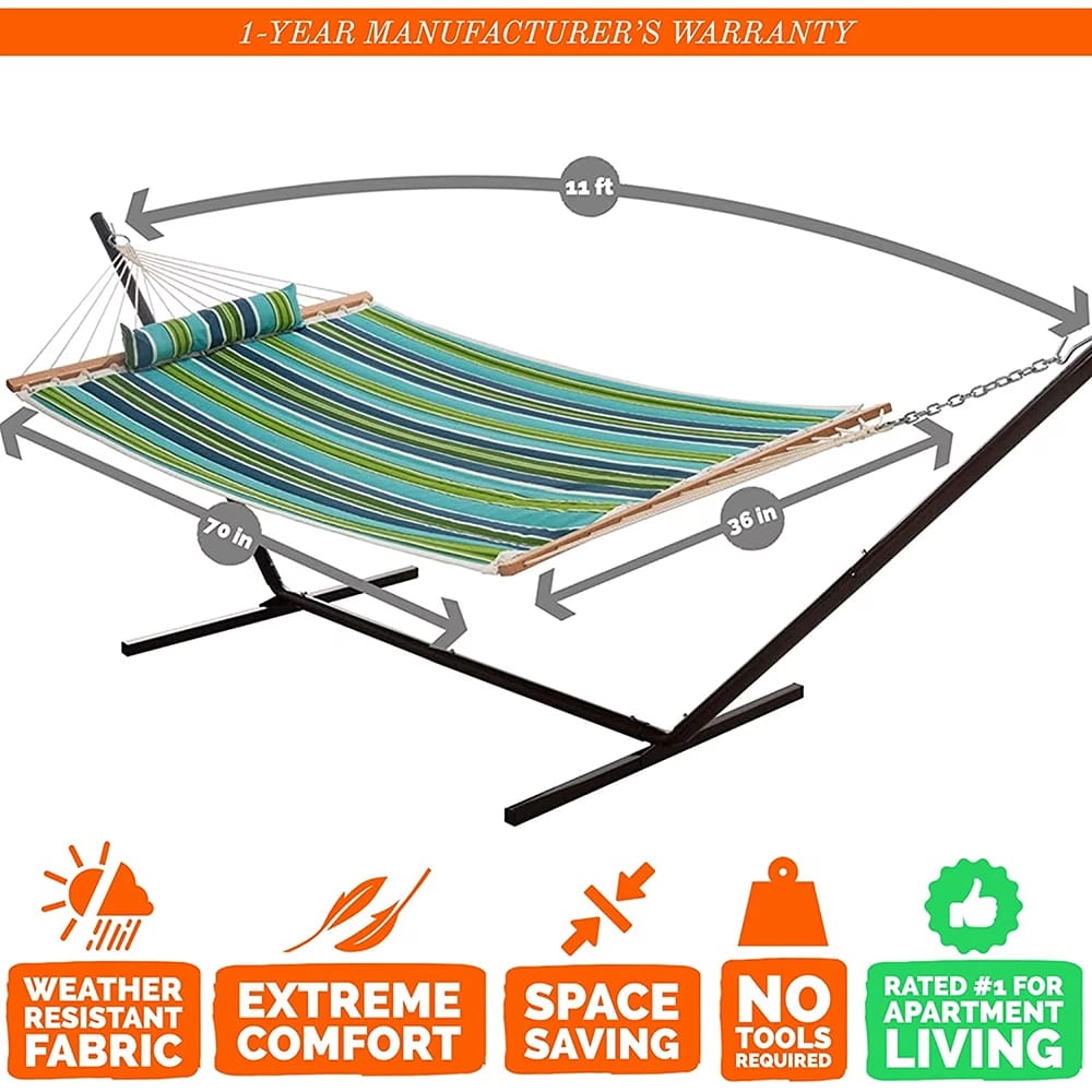 Castaway Hammocks Quilted Hammock with Stand, Blue/Green Stripe
