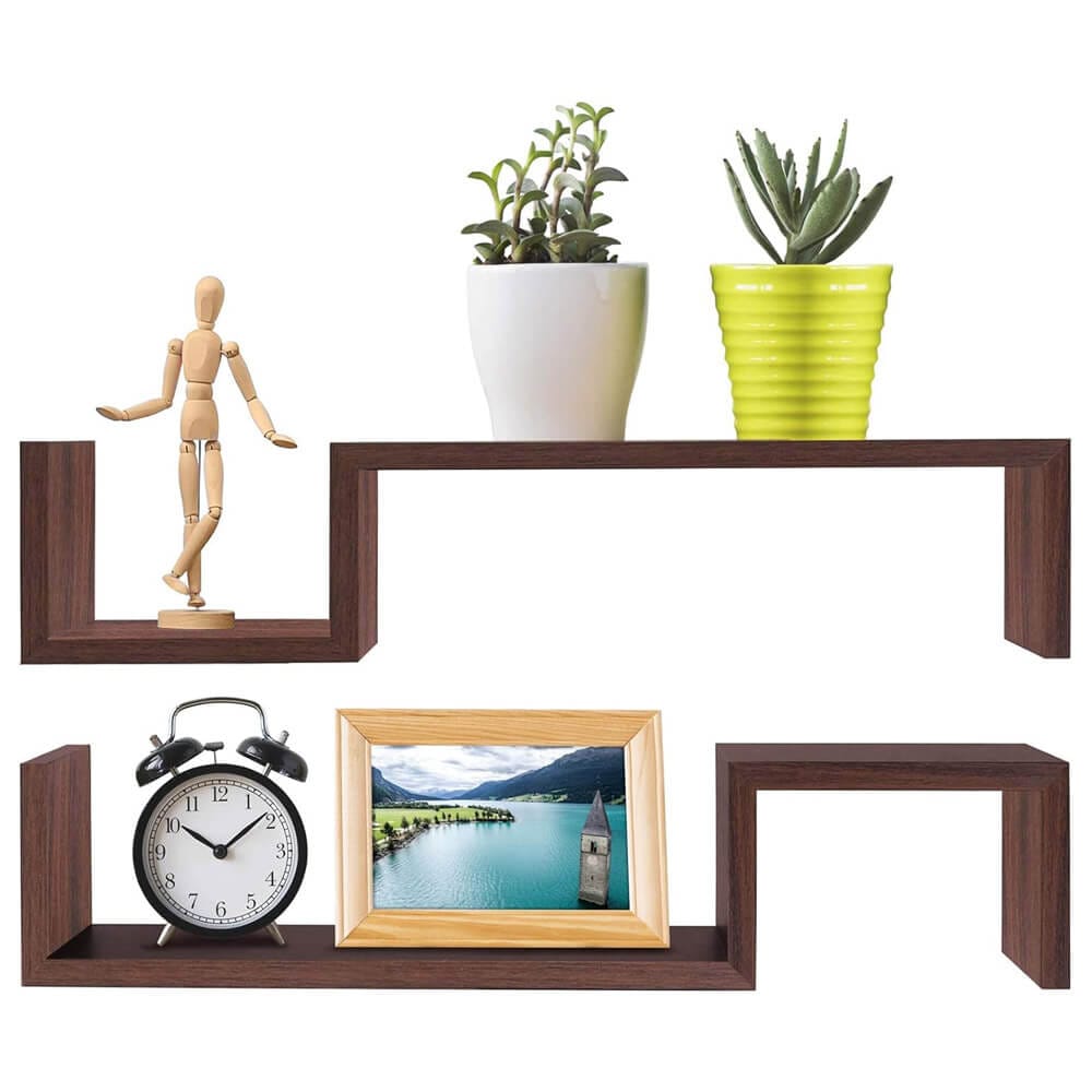 Greenco Floating S-Shaped Wall Shelves, Set of 2, Walnut