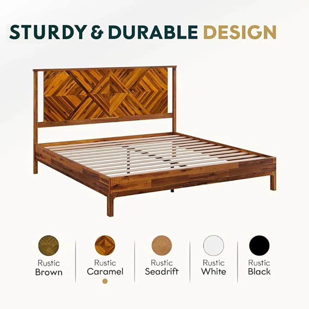 Bme Ethan King Size Bed Frame with Diamond Headboard, Rustic Caramel