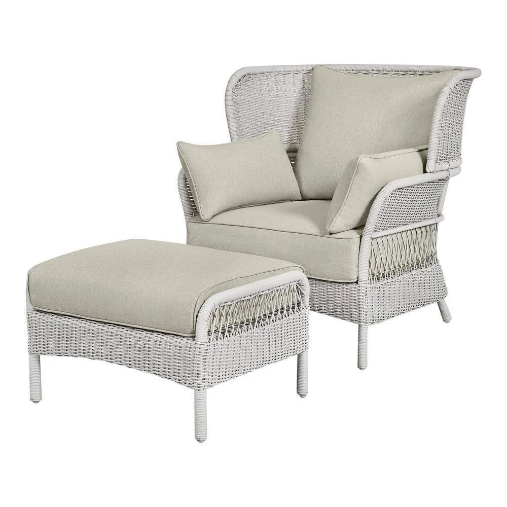 Hampton Bay Pinecroft French Linen 2-Piece Wicker Outdoor Lounge Chair and Ottoman, White/Tan