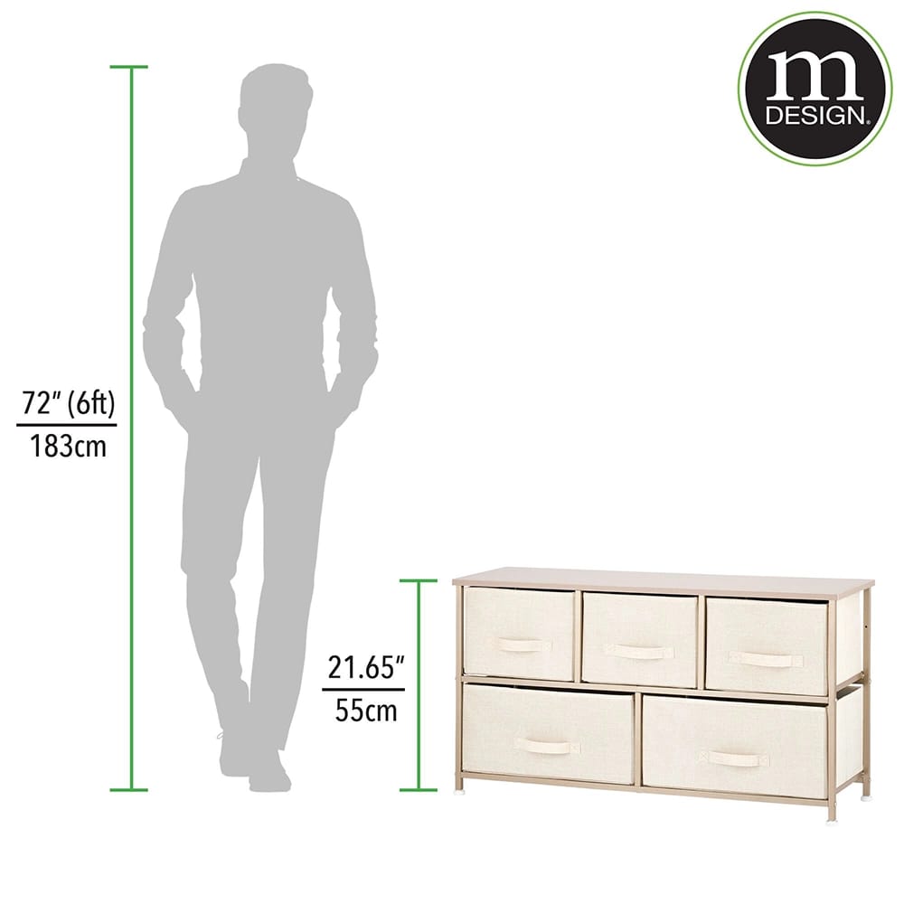 mDesign 5 Drawer Storage Dresser Furniture, Cream/Gold