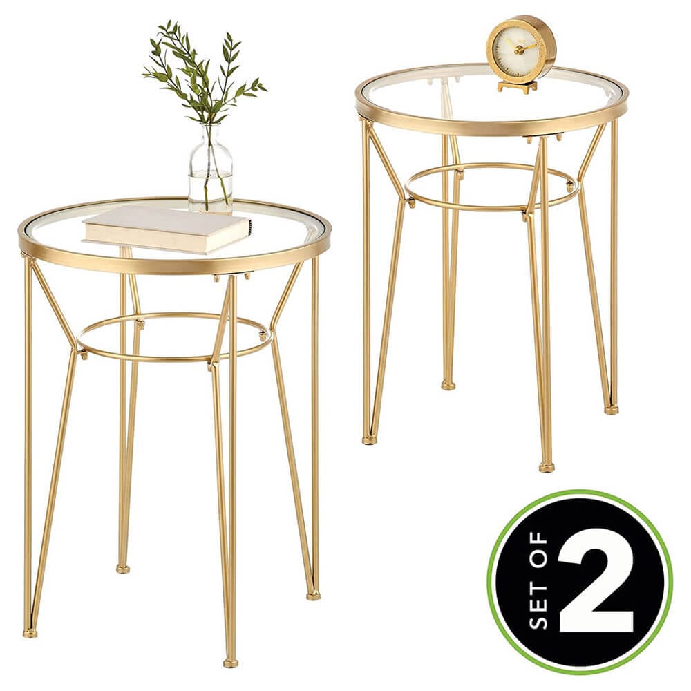 mDesign Round Metal Accent Table with Hairpin Legs, Set of 2, Soft Brass/Clear