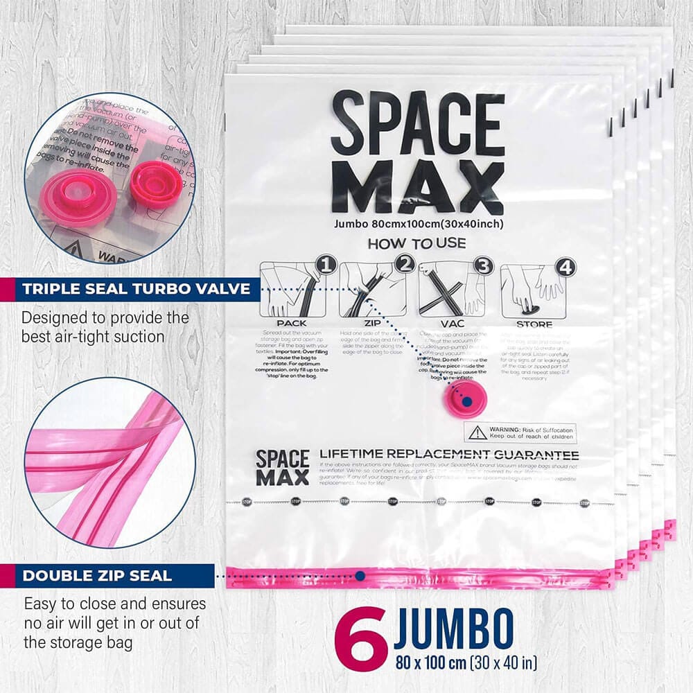 SPACE MAX Premium Space Saver Vacuum Storage Bags, Jumbo Size, 6-Pack