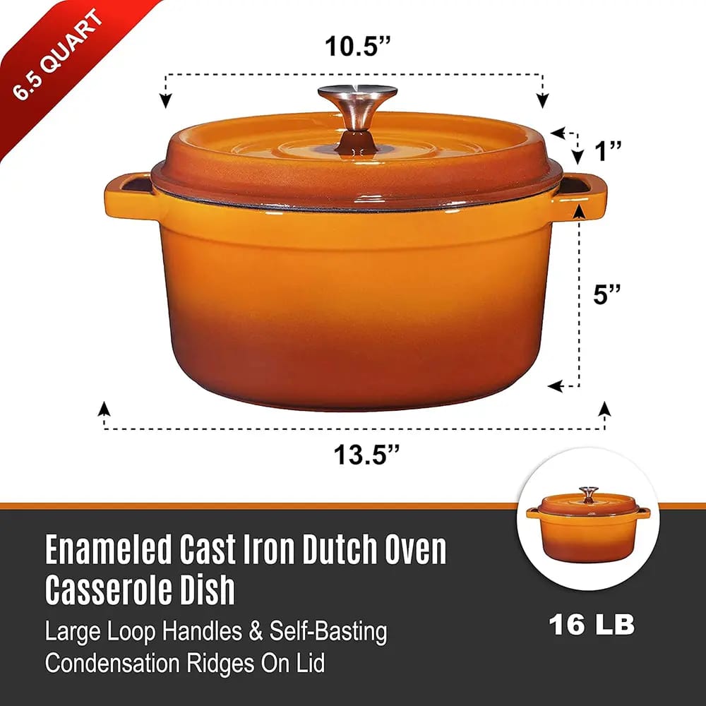 Bruntmor Pre-Seasoned 6.5 qt Cast Iron Dutch Oven, Pumpkin Spice