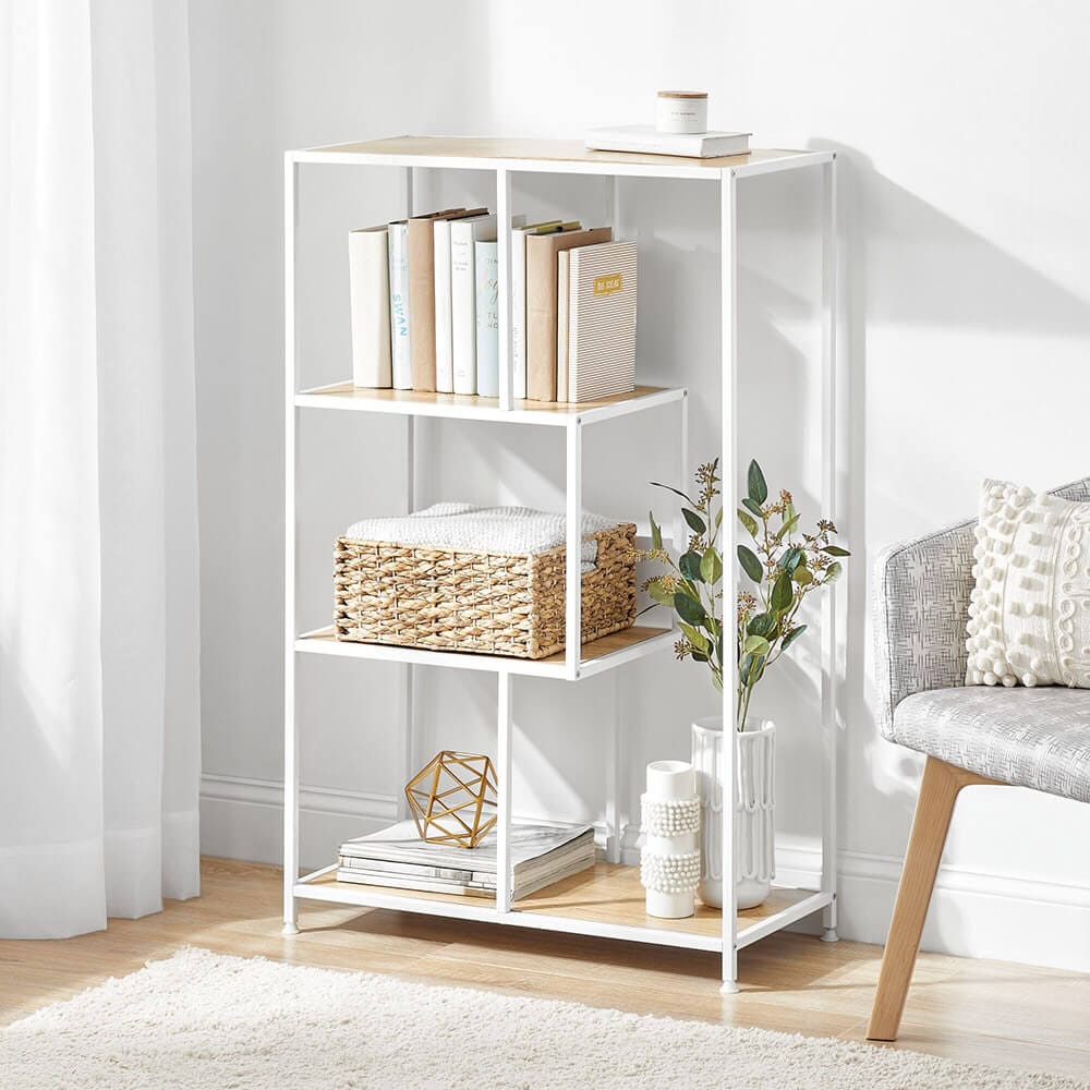 mDesign Mid-Century 4-Tier Storage Bookshelf, White/Modern Oak