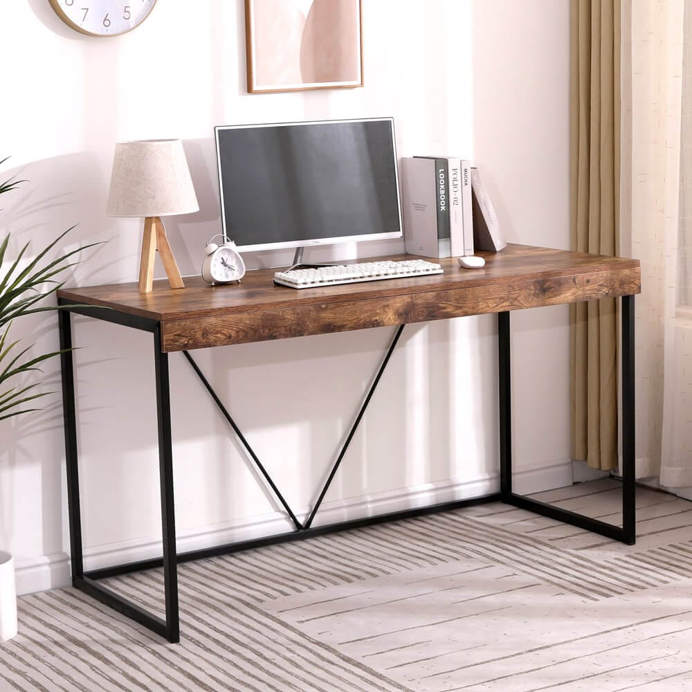 55" Modern Desk with Wooden Top, Rustic Brown/Black