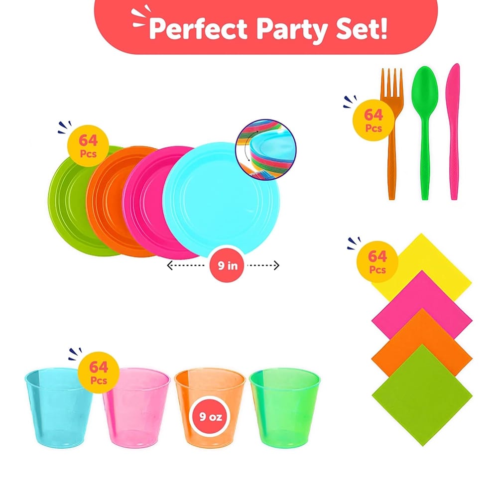 Disposable Neon Glow Party Tableware Kit, 256-Pieces