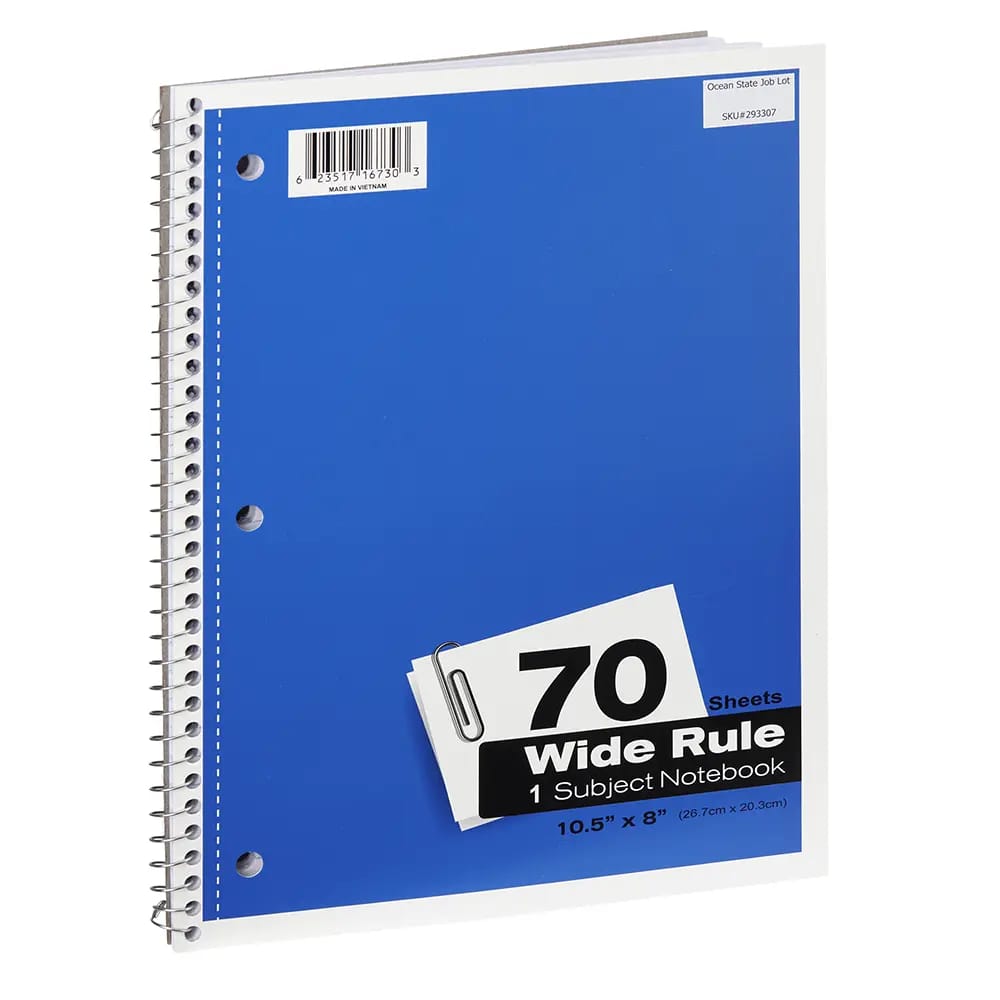 Wide Rule 1 Subject Spiral Notebook, 70 Sheet