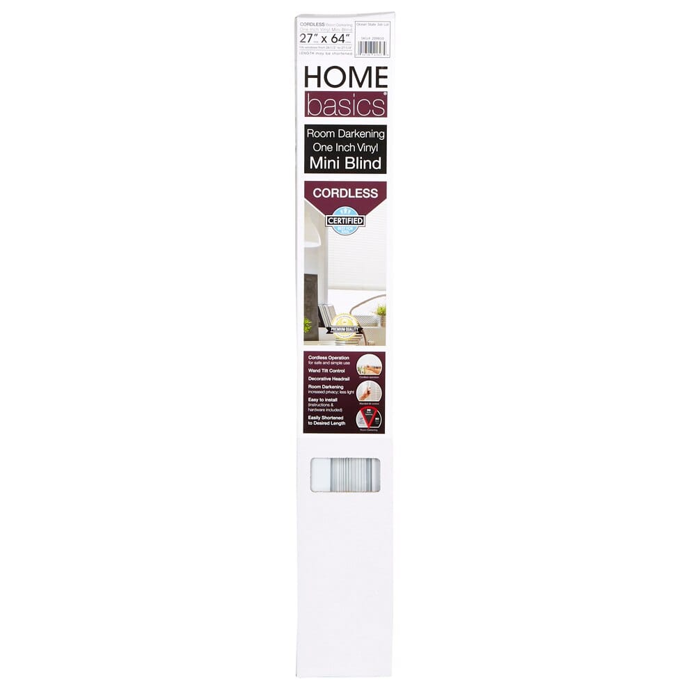 Home Basics Cordless Room Darkening Vinyl Mini Blinds, White, 27" x 64"