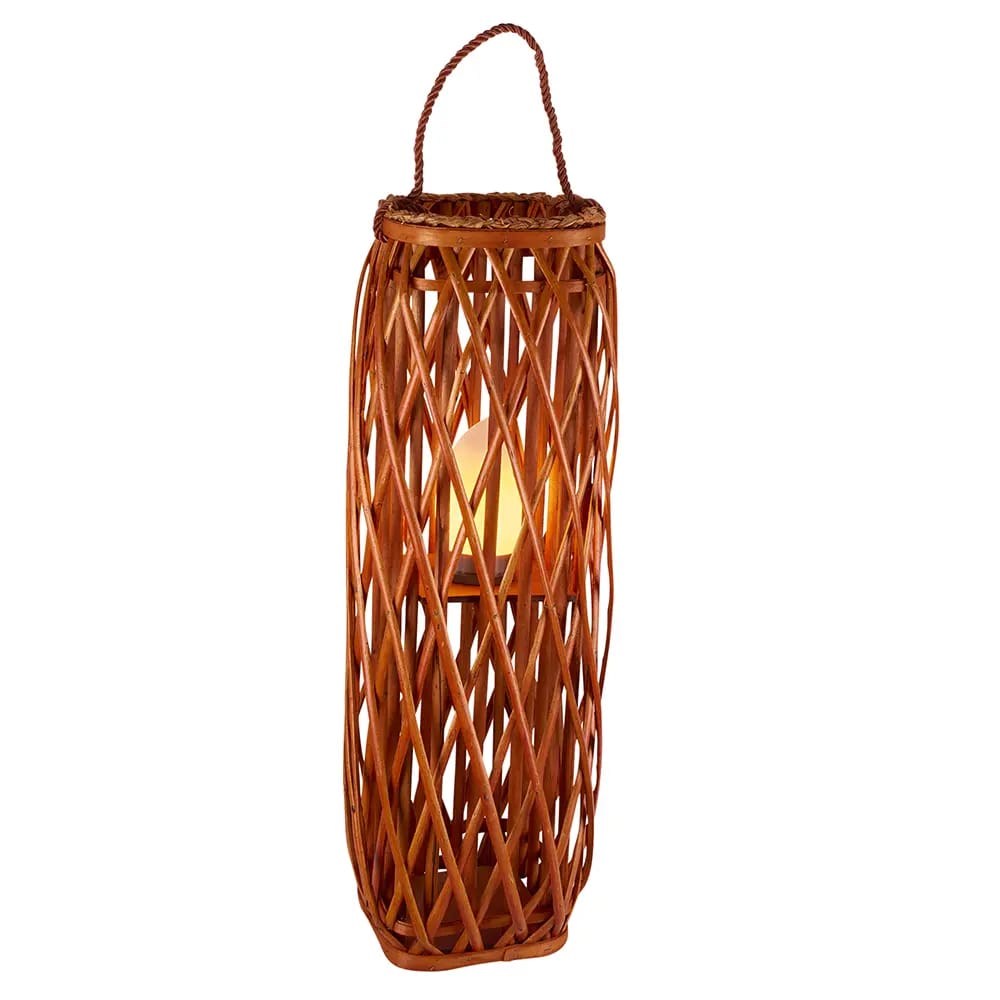 Barbara King Square Wicker Lantern With Remote, Burnt Orange, 28"