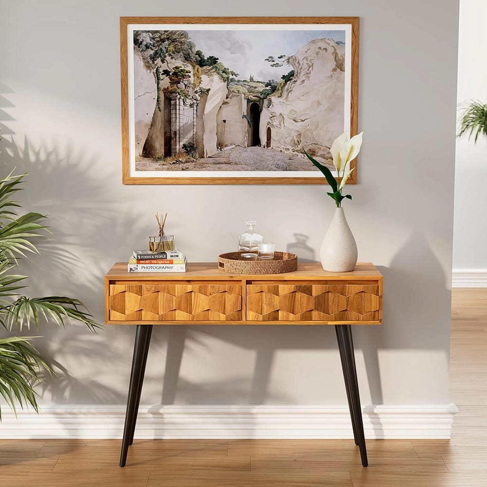 Bme Modern Mid-Century 2-Drawer Console, Teak Brown