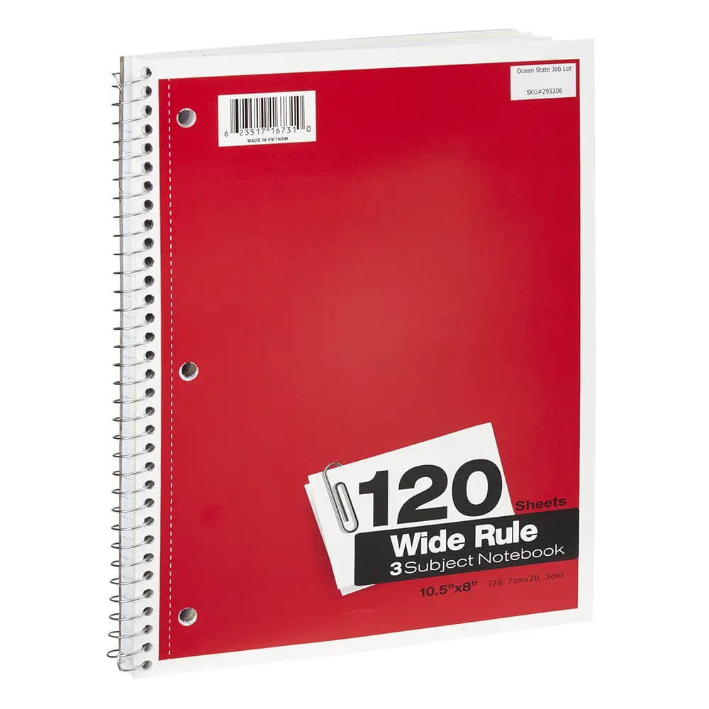 Wide Rule 3 Subject Spiral Notebook, 120 Sheet