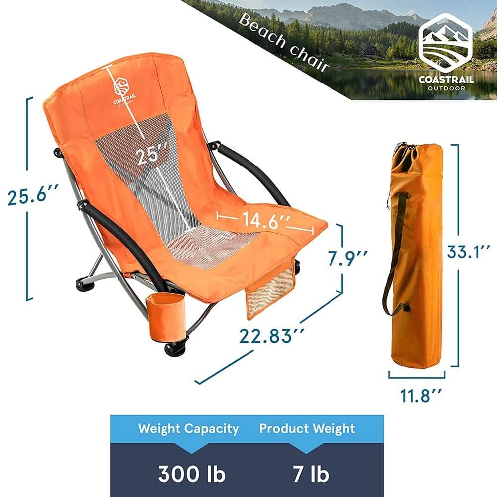 Coastrail Outdoor Low Profile Folding Beach Chair with Mesh Back, Set of 2, Orange