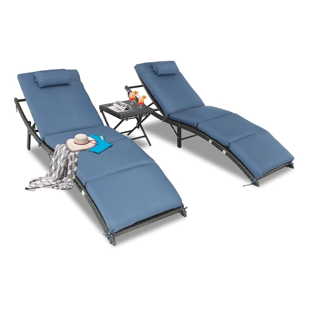 Patio Chaise Lounge Chairs Set, Blue, 3-Piece Set