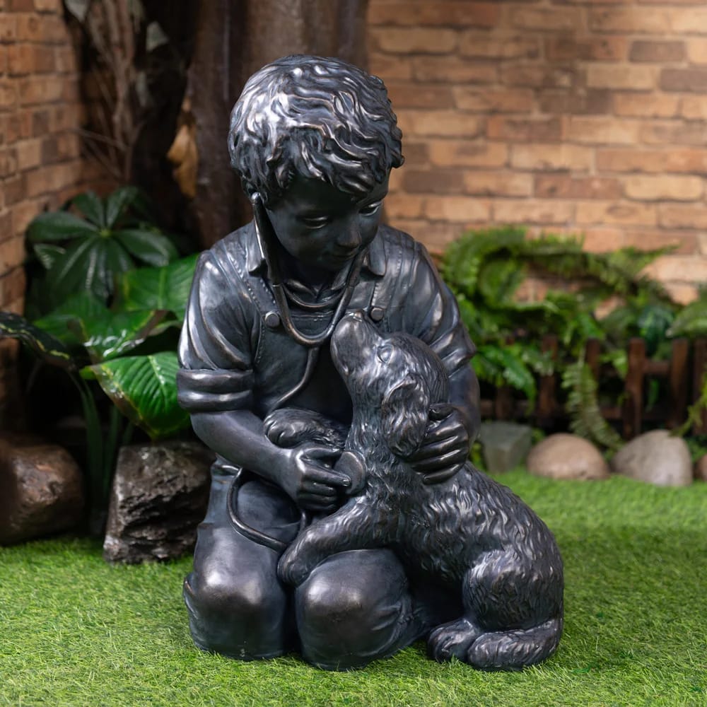 34" Boy with Puppy Garden Statue