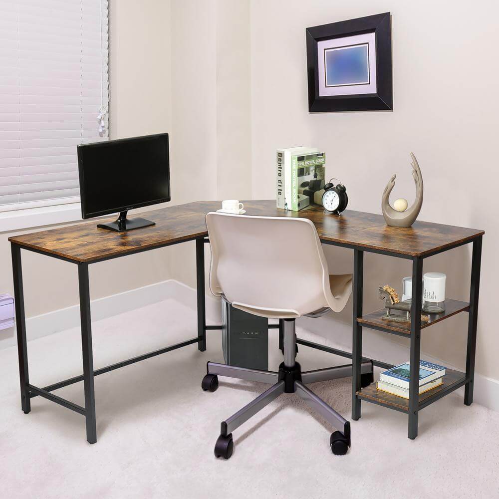 55" Industrial L-Shaped Computer Desk, Rustic Brown