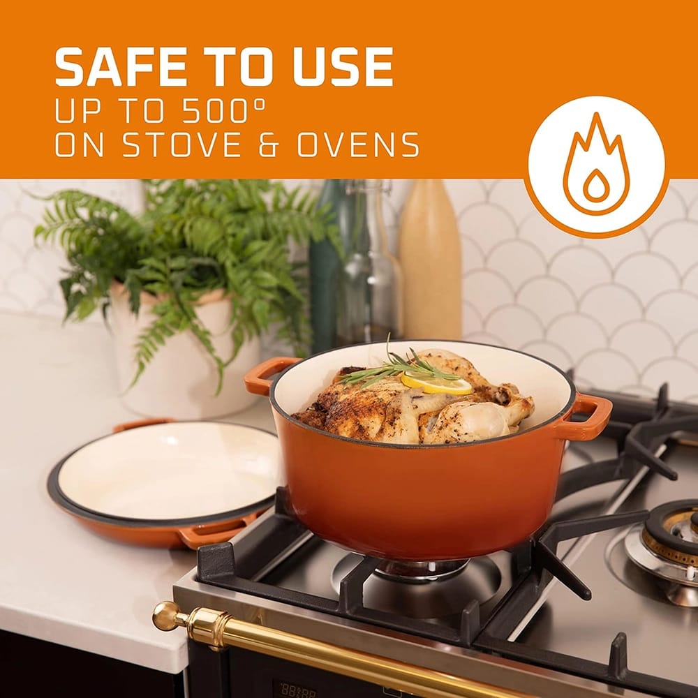 Bruntmor 2-in-1 5-Quart Enamel Cast Iron Double Dutch Oven Set, Pumpkin Spice