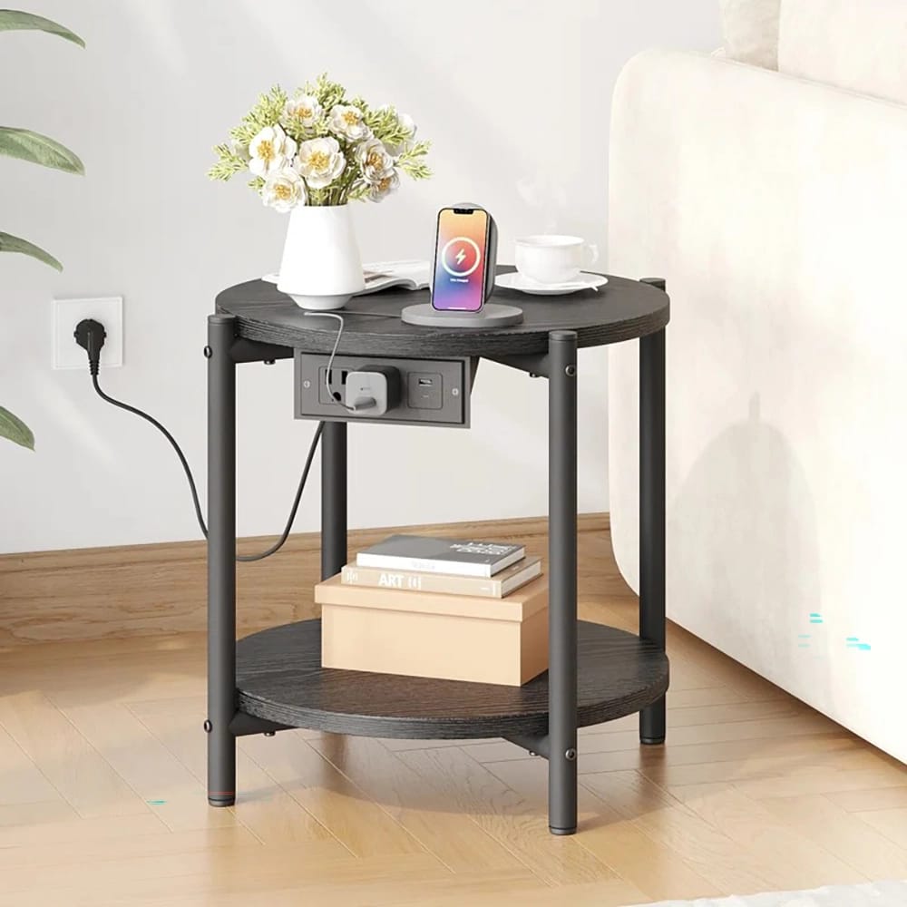 LIKIMIO 15.8" Double-Tiered Round End Tables with Charging Station, Black