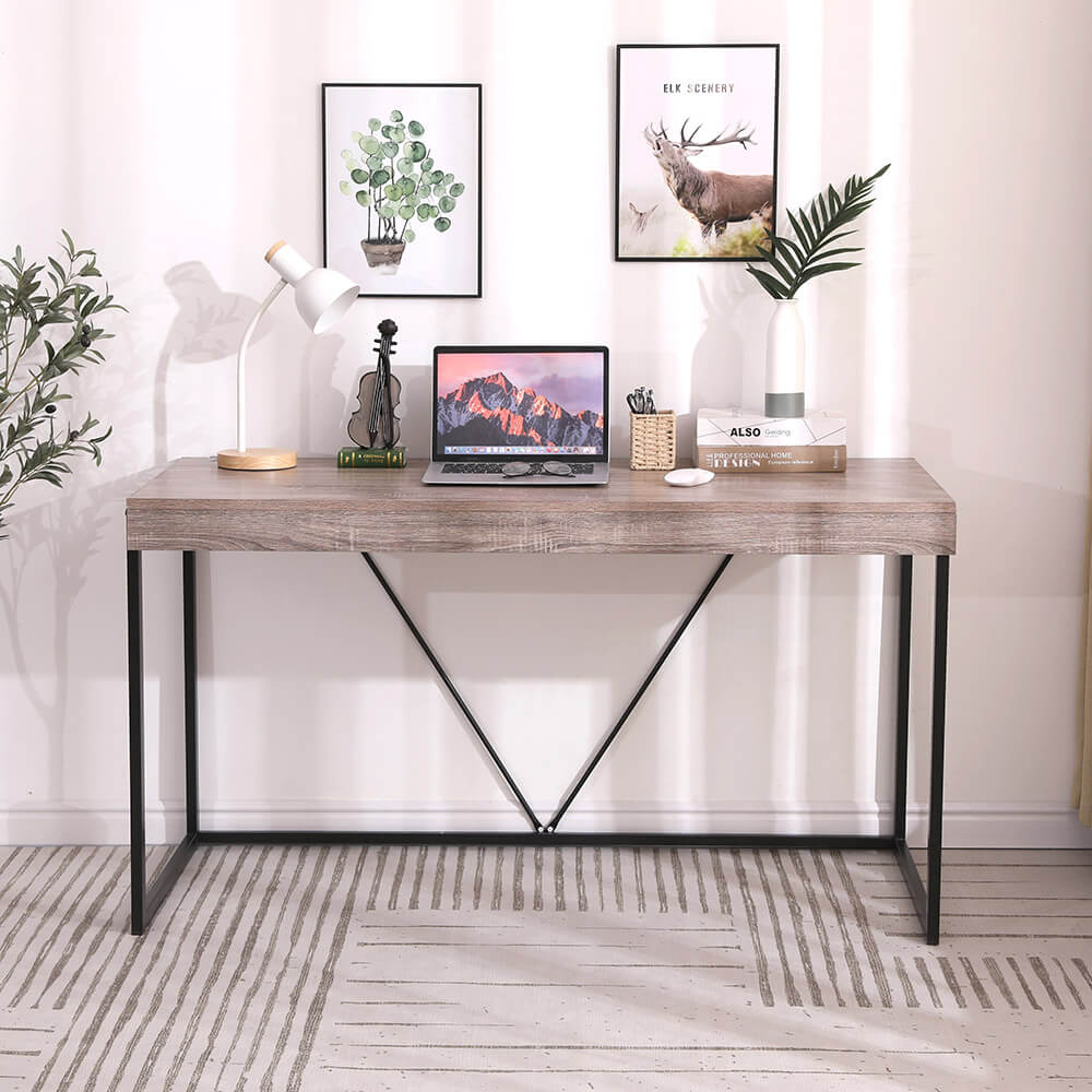 55" Modern Office Desk, Oak Gray/Black