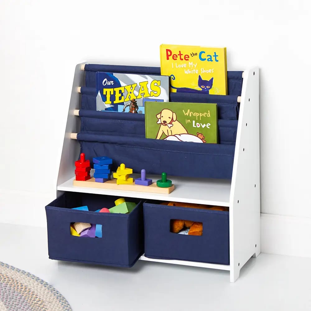 Wildkin Kids Canvas Bookshelf with Storage, White/Blue